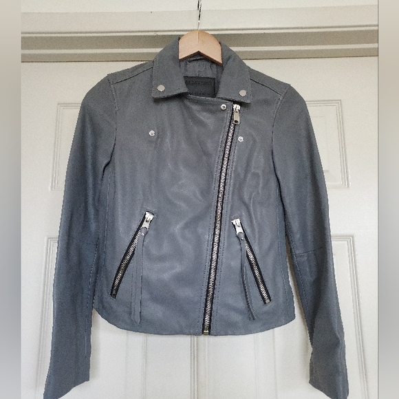 NWT Allsaints Dalby Biker leather jacket, grey steel, US 4 - Picture 5 of 7